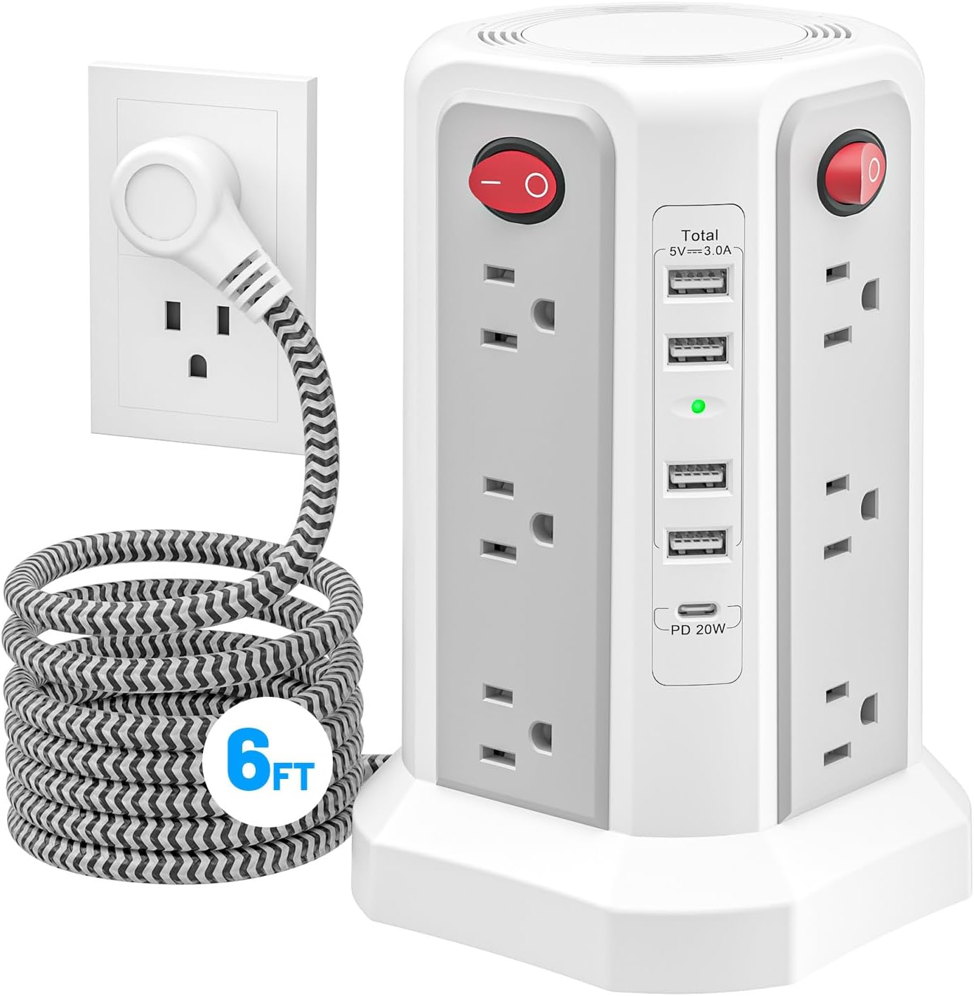 Regleta alimentación torre con 12 tomas 5 USB 6ft
