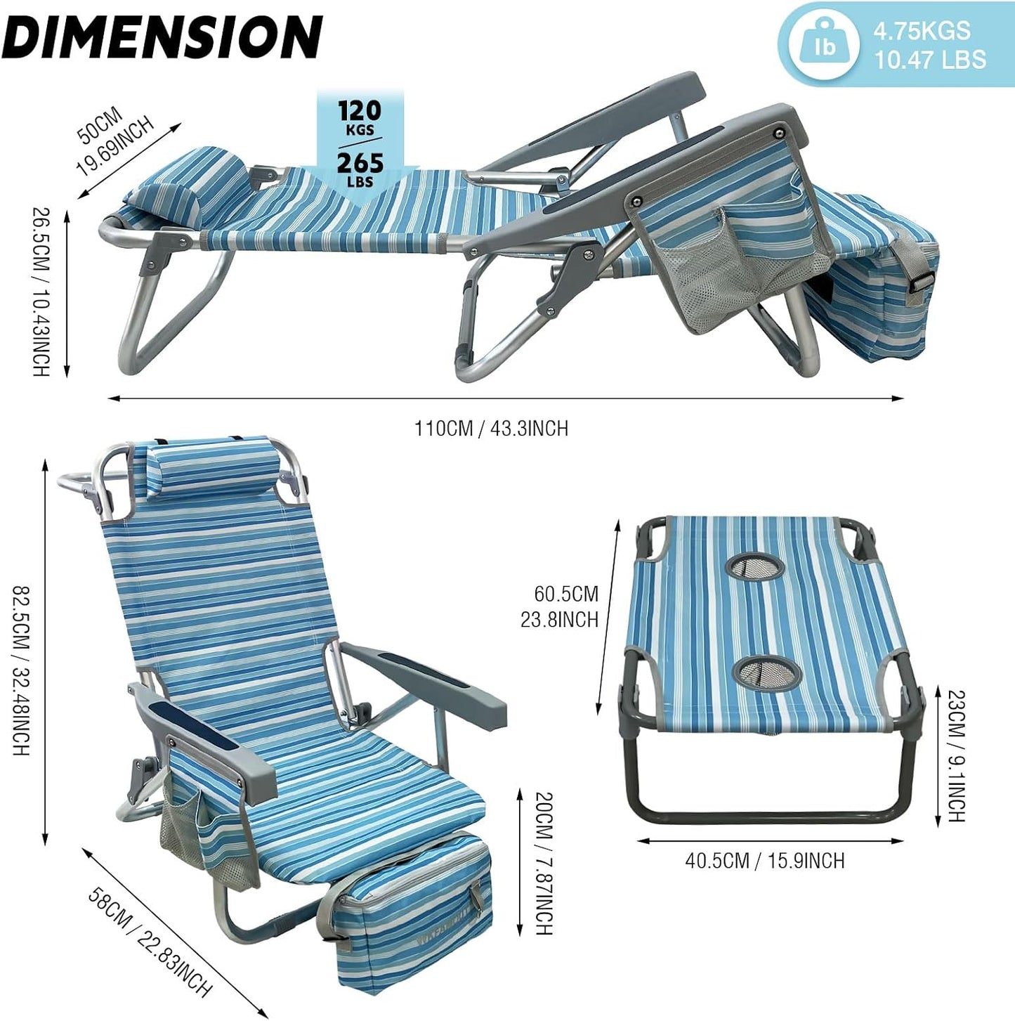 Silla playa aluminio con mesa camping plegable 5 posiciones