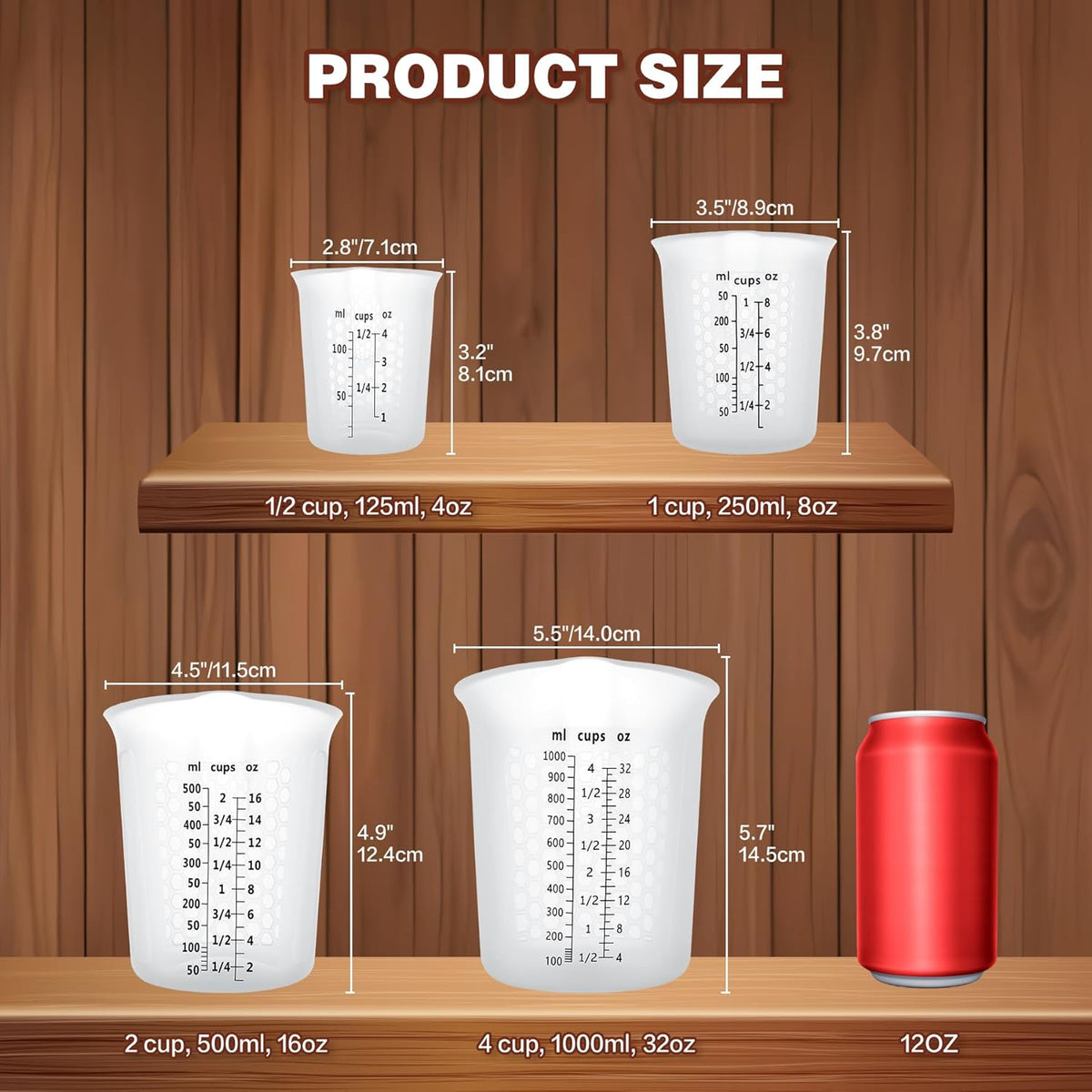 Set 4 Tazas Medidoras Silicón Reutilizables 4.2oz