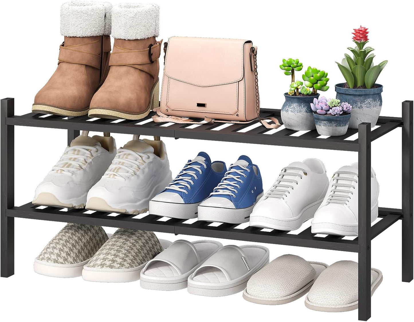Zapatero bambú negro 2 niveles apilable plegable para entrada