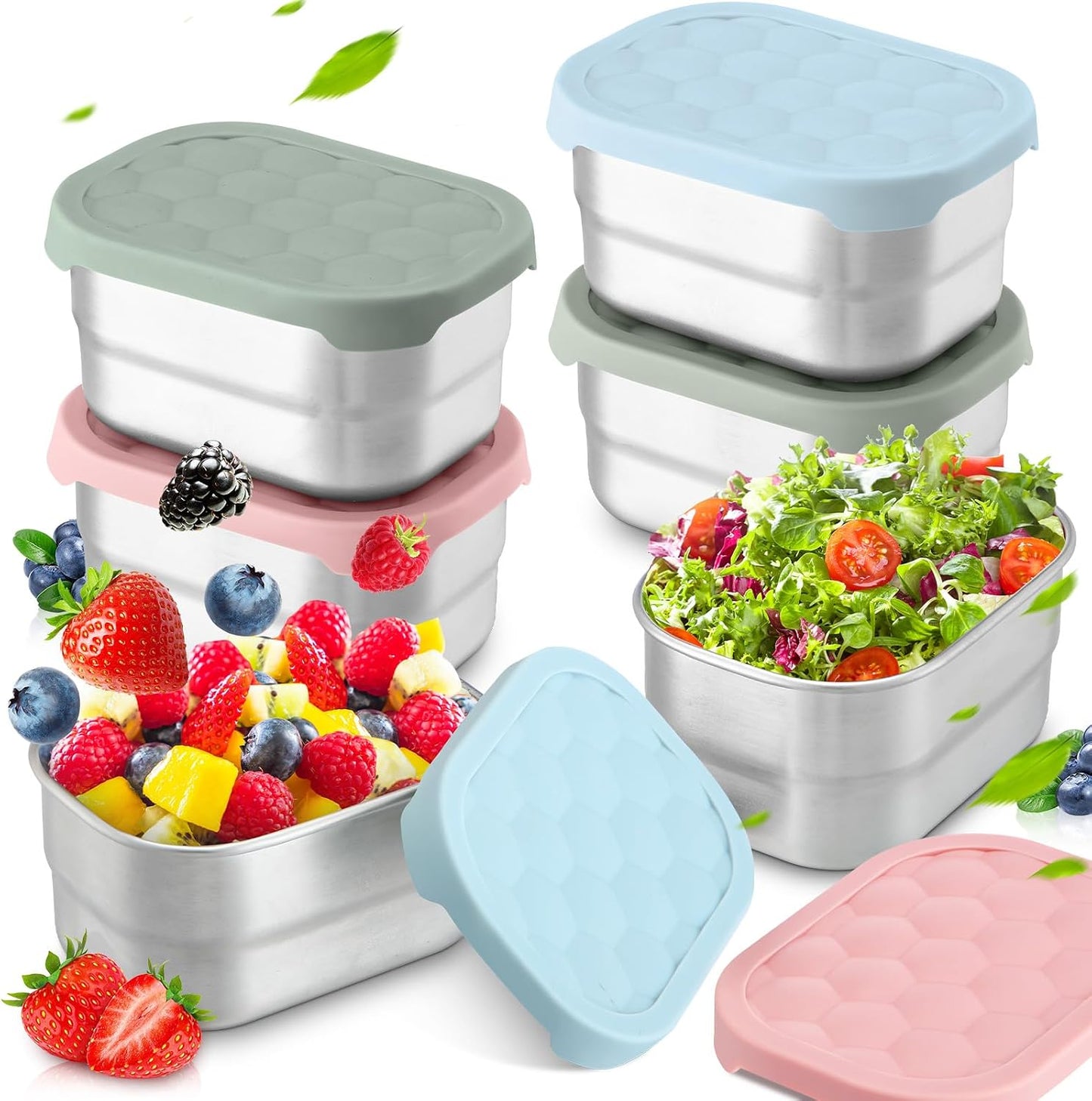 6 Recipientes Acero Inox 8oz con Tapas Silicona para Niños