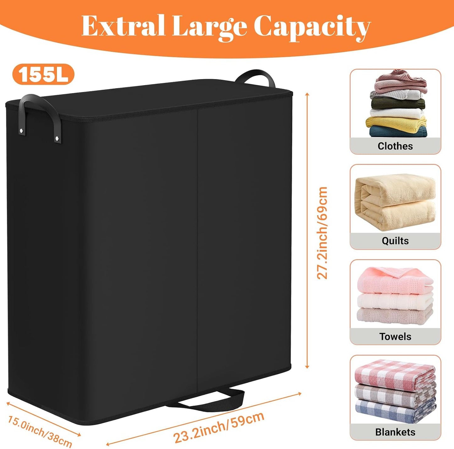 Cesta ropa sucia 2 secciones con tapa 155L negro