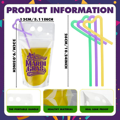 Set 24 Bolsas Bebidas Mardi Gras con Pajitas