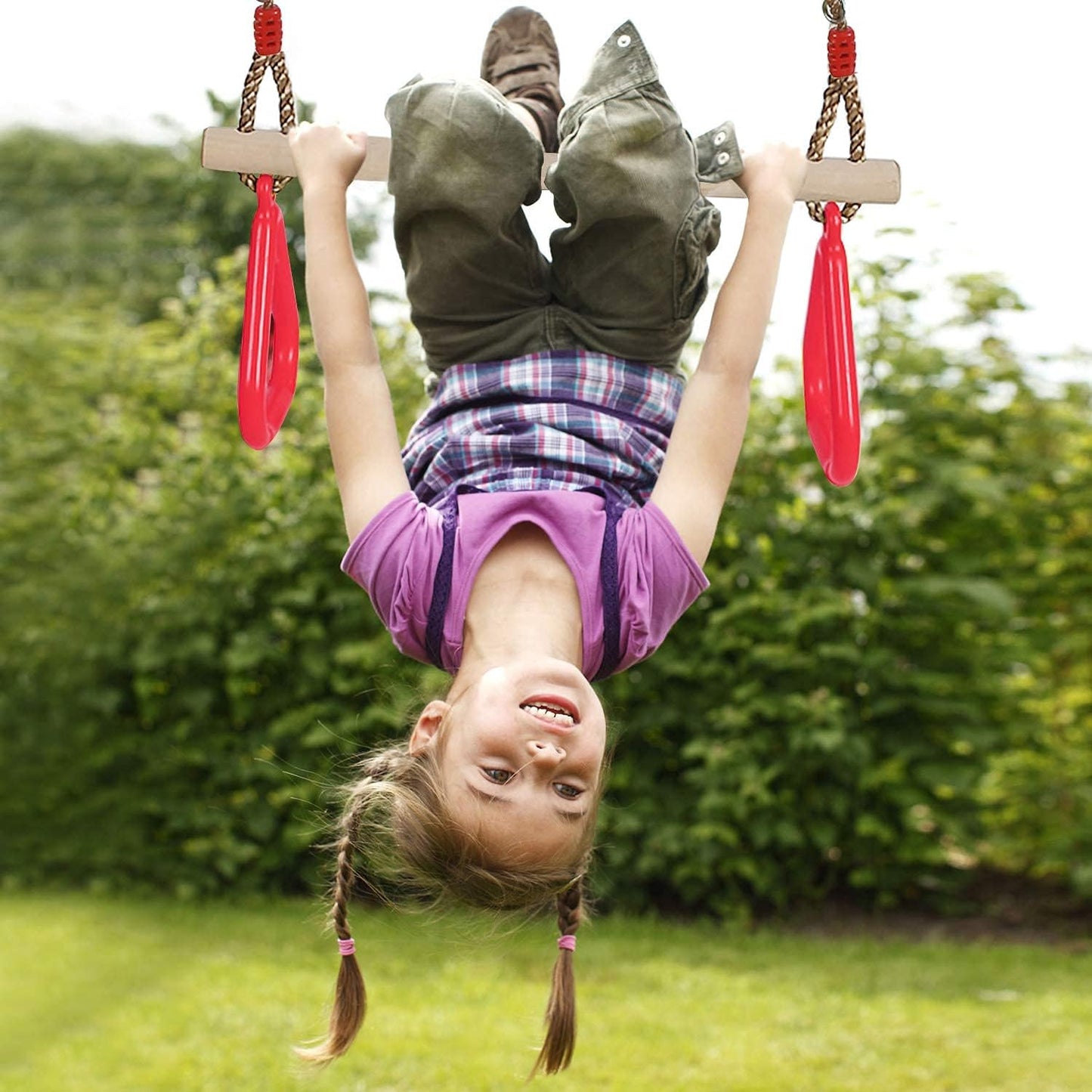 Barra trapecio madera con anillos plástico set columpio