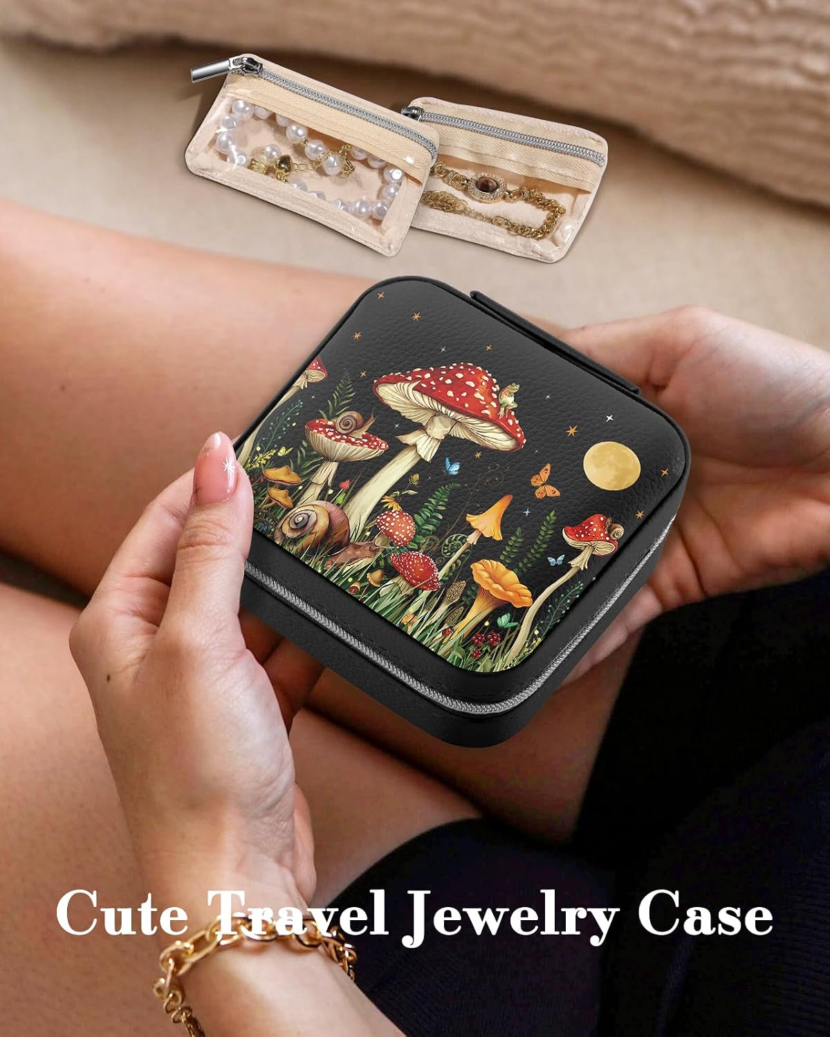 Estuche joyas viaje con espejo compacto para mujeres