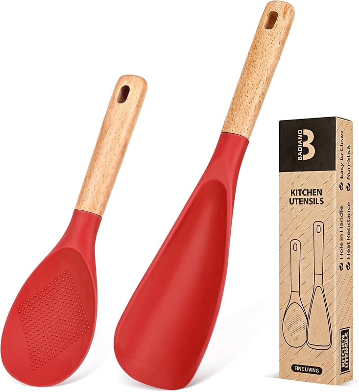 Cuchara silicona mate antiadherente con mango madera rojo