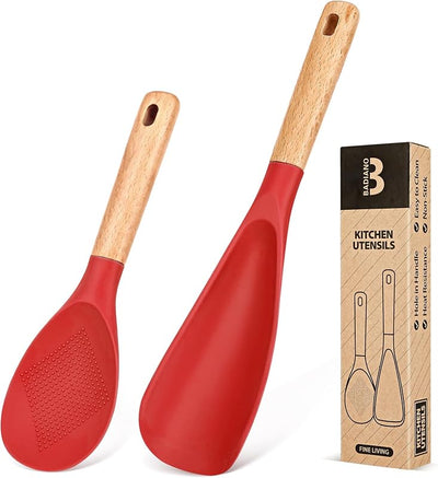 Cuchara silicona mate antiadherente con mango madera rojo