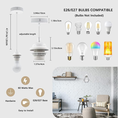 Kit 2 Lámparas Colgantes E27 Soporte Blanco Cable Ajustable