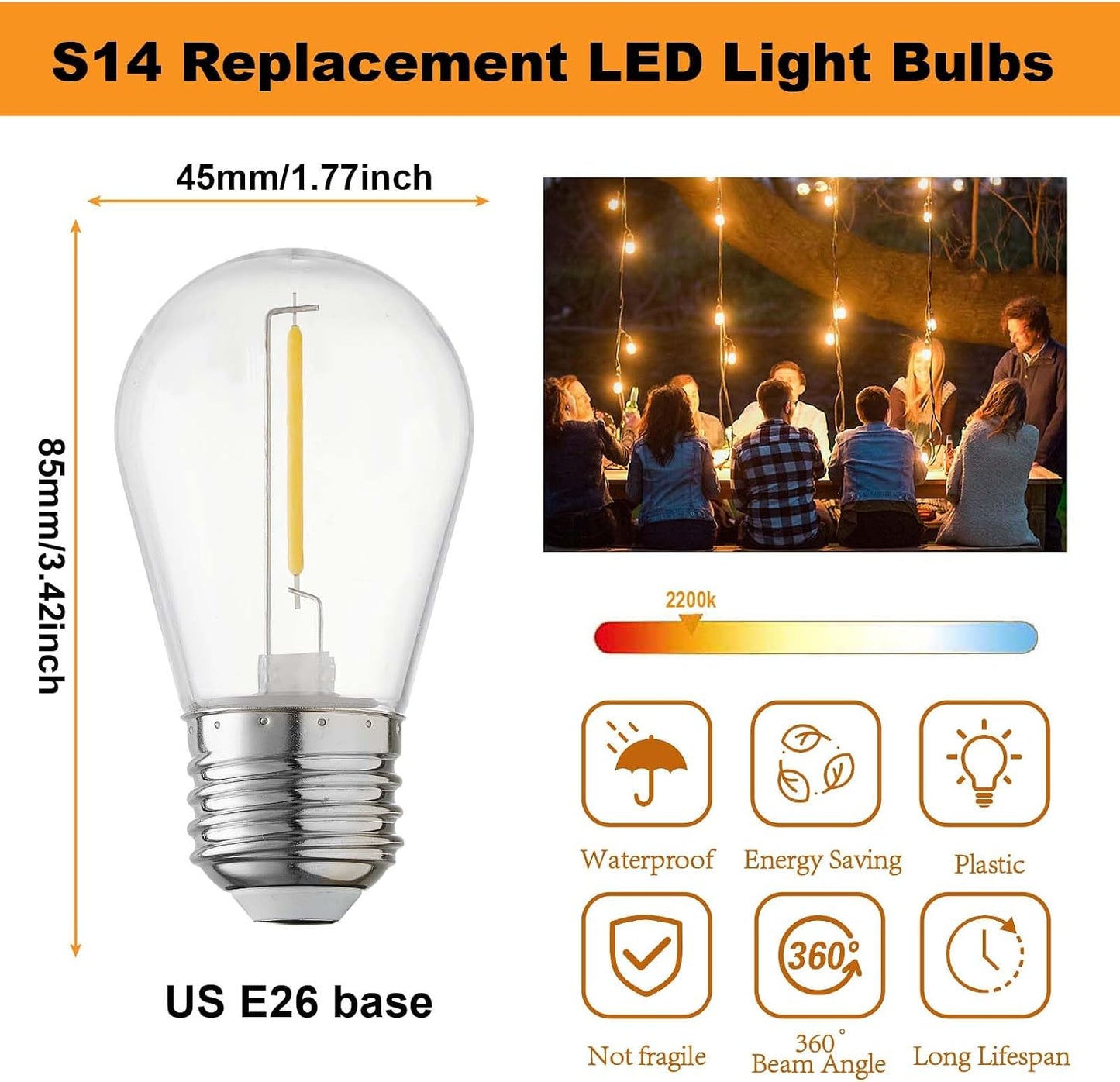 Bombilla LED S14 E26 2200K 1W blanco cálido impermeable