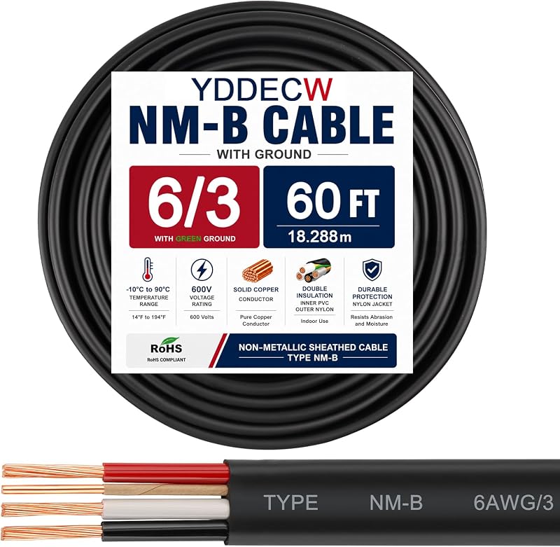 Cable 6/3 NM-B cobre puro 60 ft para interiores