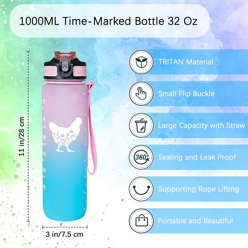Botella agua pollo floral 32oz sin BPA con popote y correa