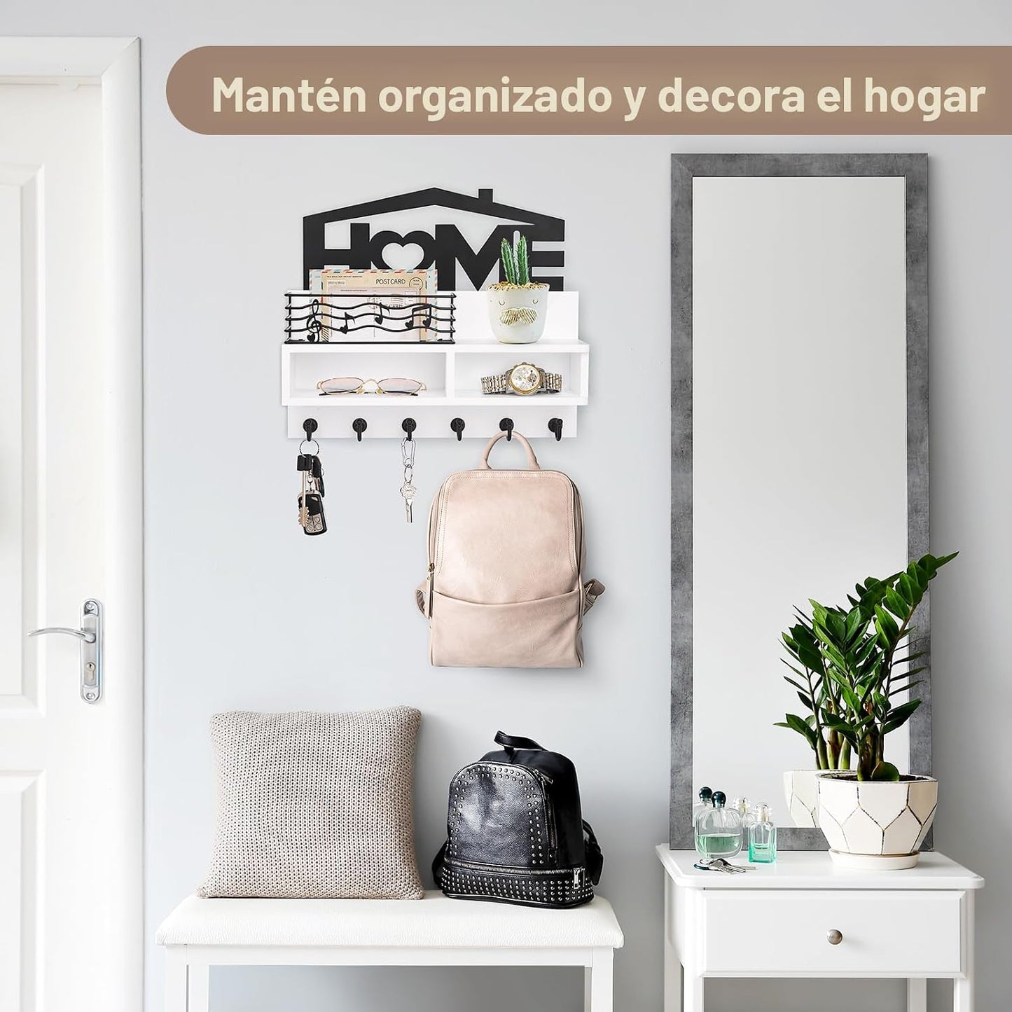 Soporte llaves pared madera 6 ganchos blanco