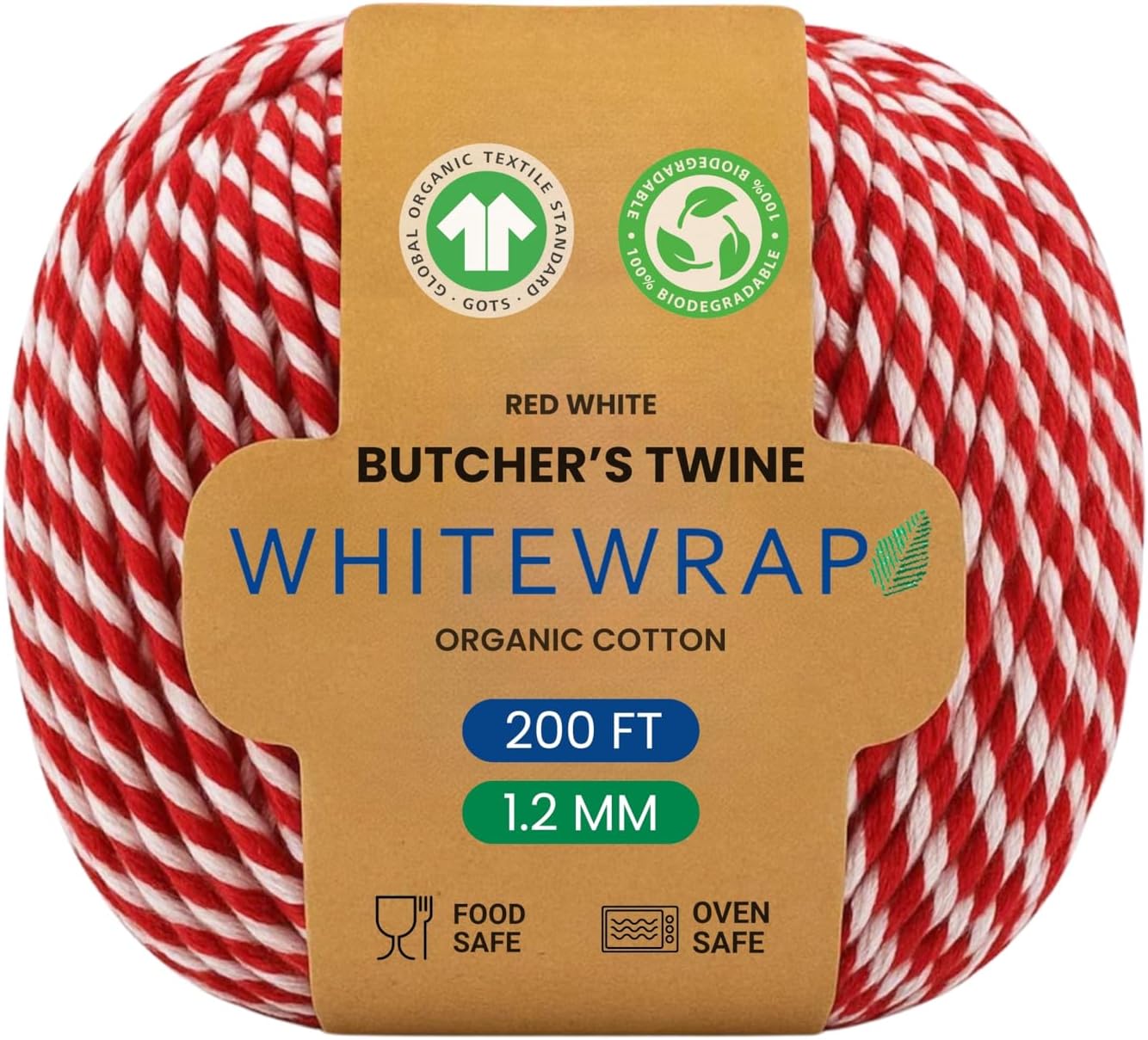 Cordel orgánico rojo y blanco 200ft para regalos y manualidades