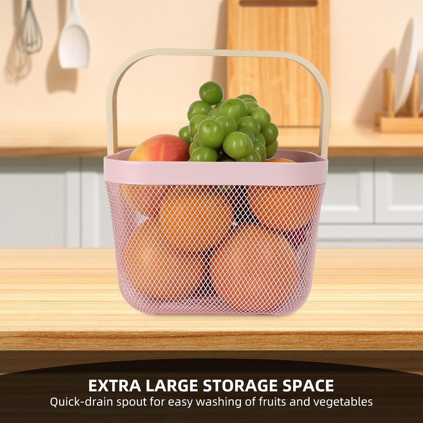 Cesta malla acero mango madera colgante jardín cocina baño