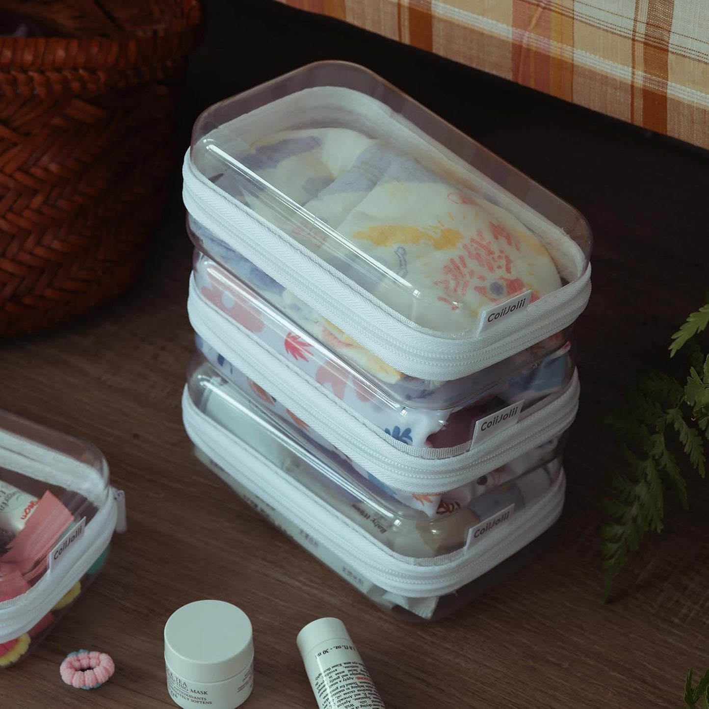 Bolsa dura transparente con cremallera portátil blanco