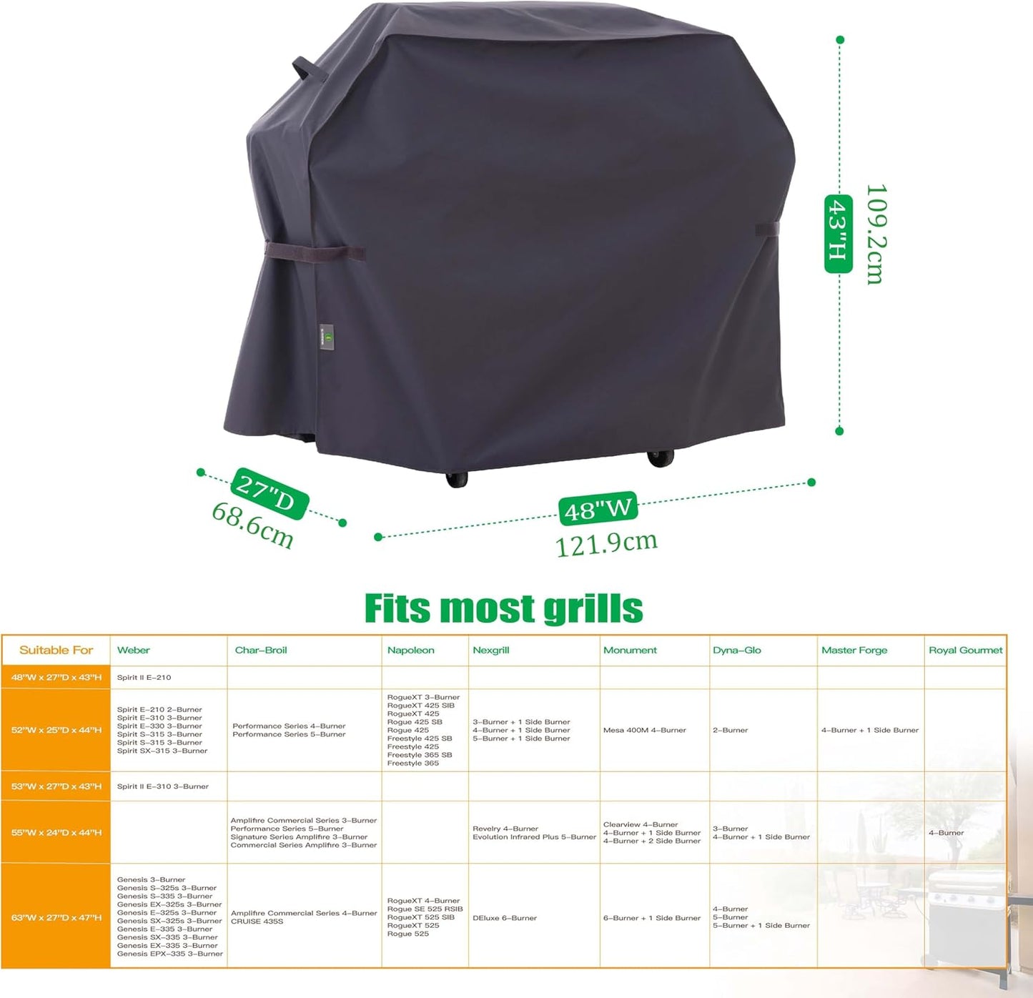 Cubierta parrilla impermeable UV 48x27x43pulg gris