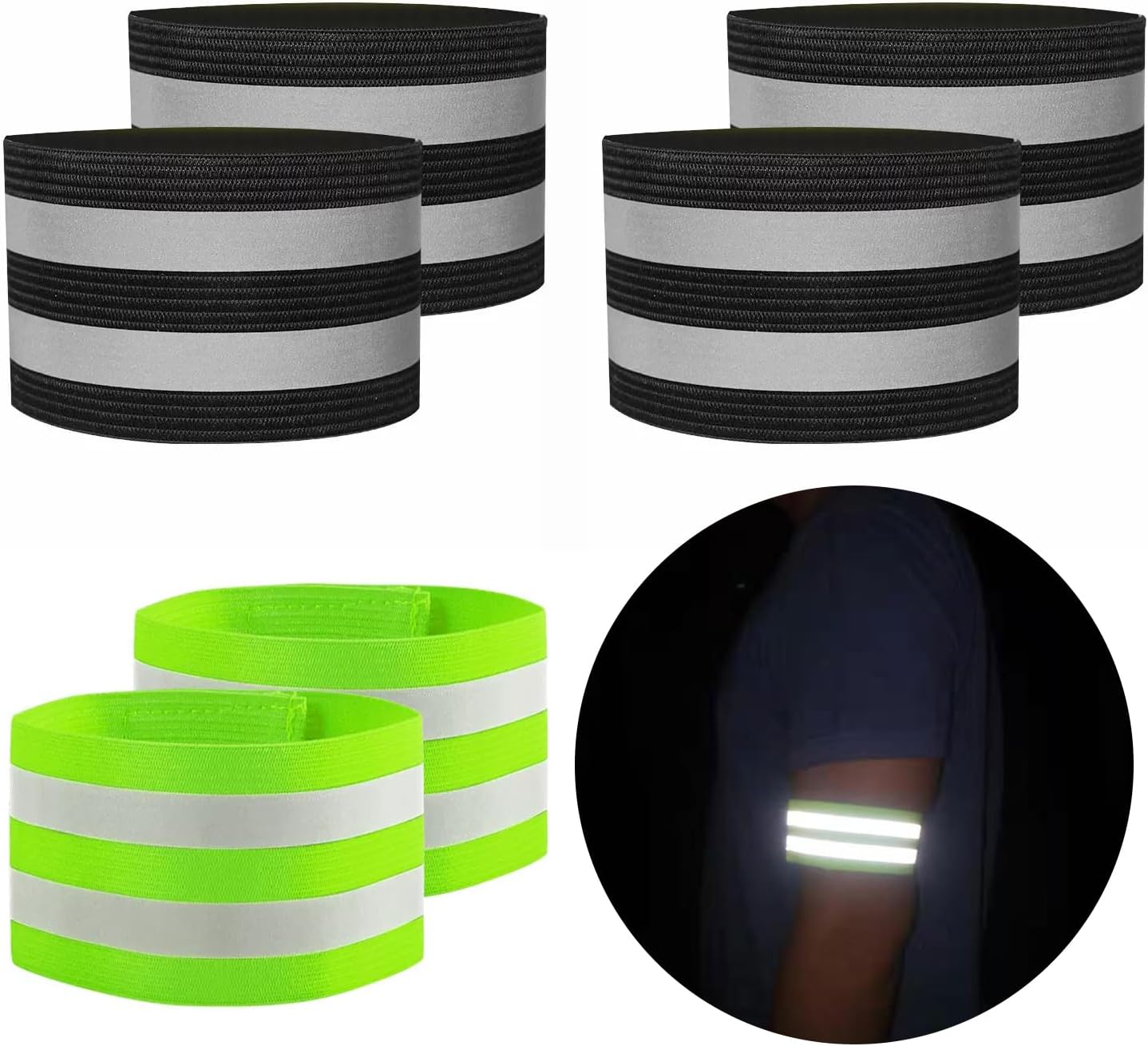 6 Bandas Reflectantes para Correr Noche Brazo Pierna Negro Verde