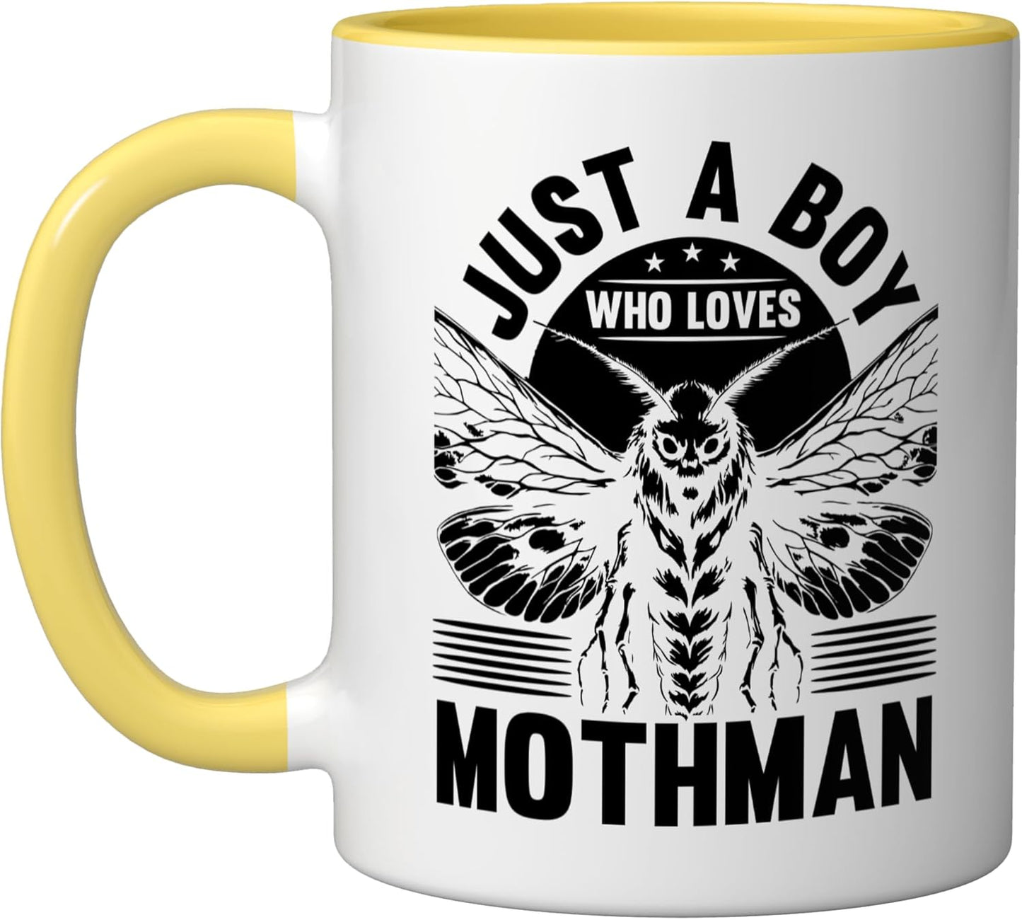 Taza Cerámica Mothman Criatura Legendaria Amarillo Blanco