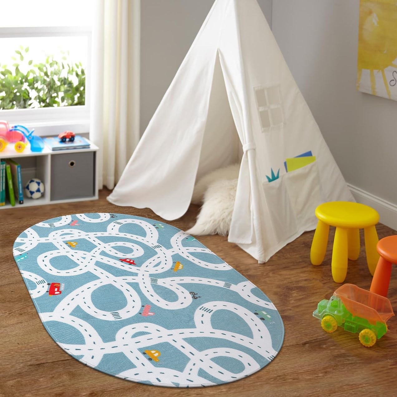 Alfombra antiderrap azul 3x5' para niños sala set