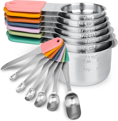 Set 14 Tazas y Cucharas Medidoras Acero Inox Redondas