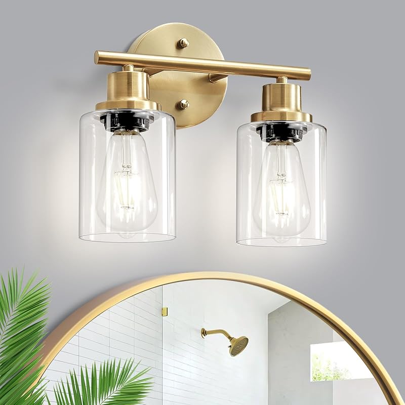 Lámpara baño E26 2 luces oro cepillado vidrio transparente