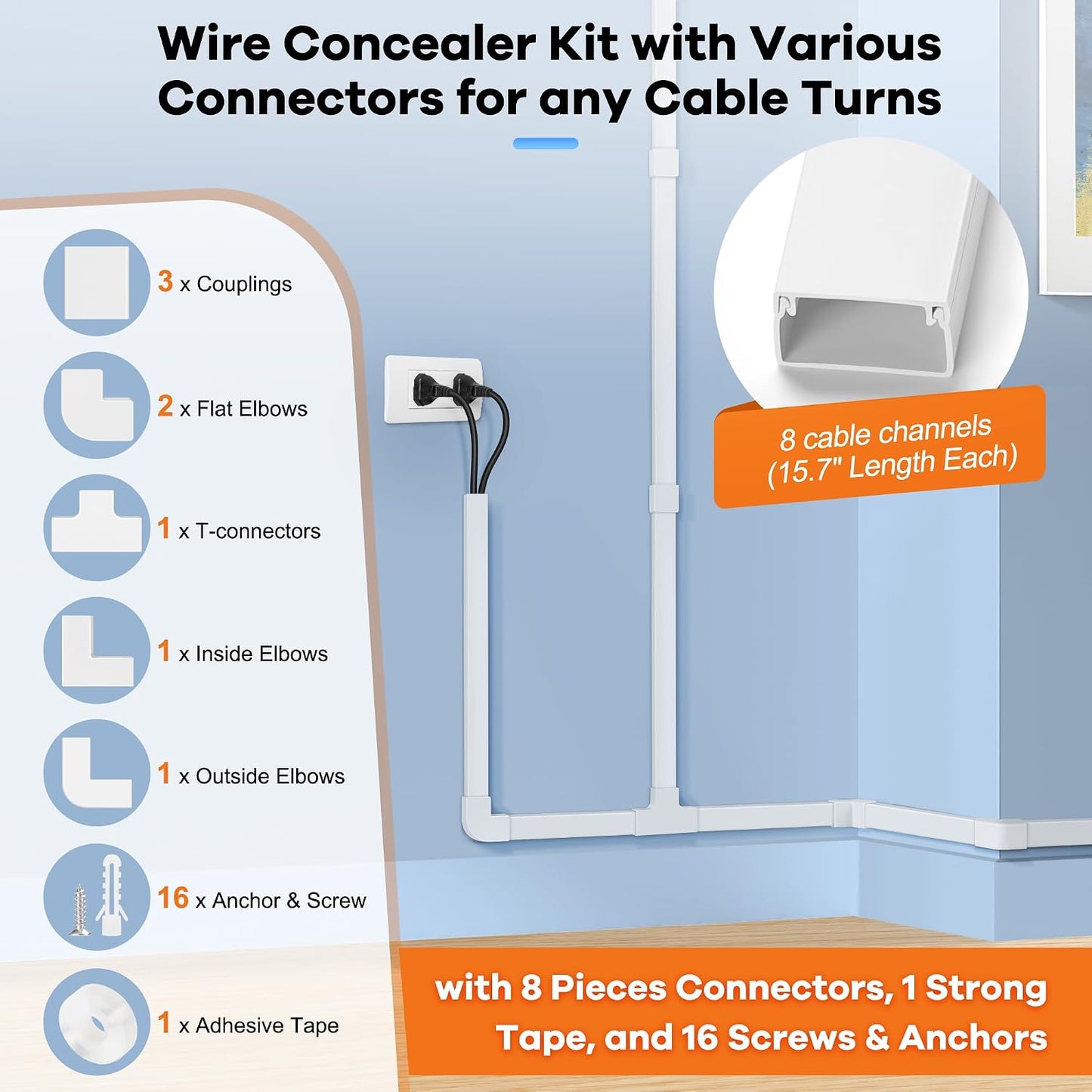 Kit ocultador cables 126pulg para TV pared canaleta gris