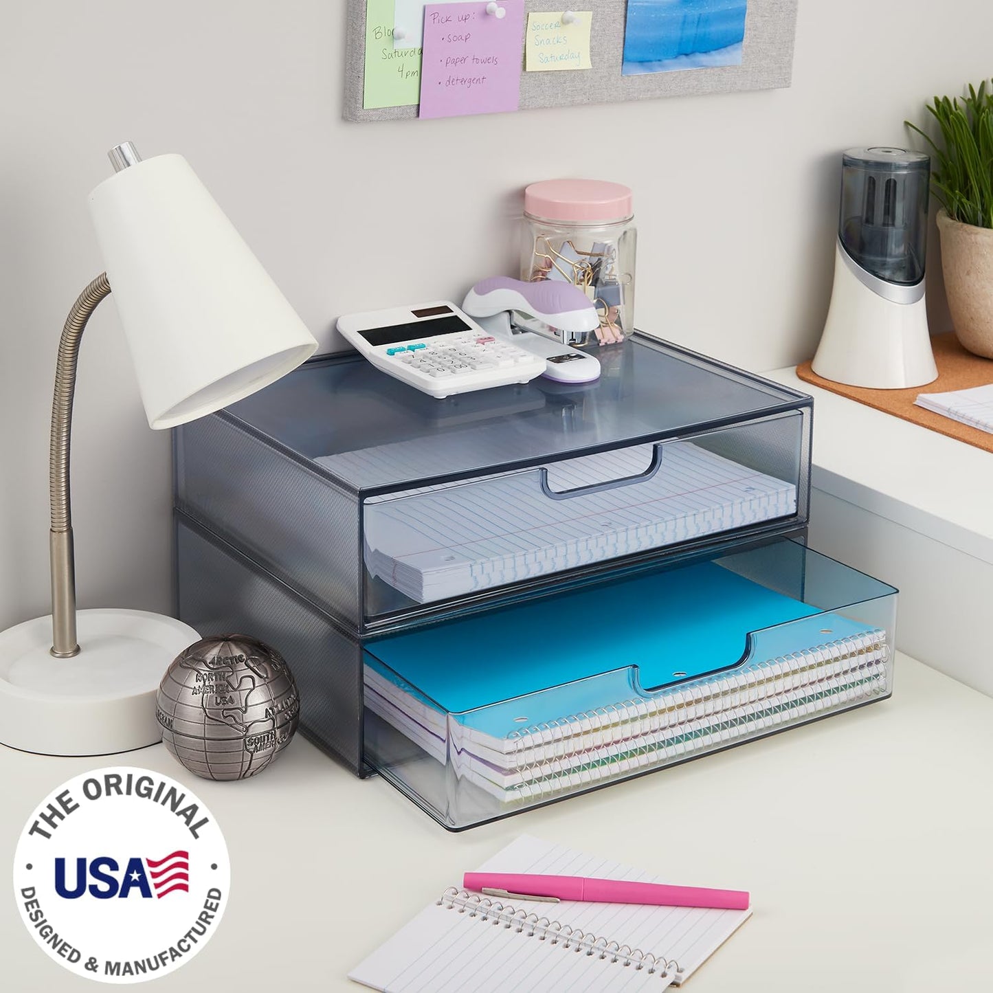Cajones organiz. plástico apilables set 2 gris 12.5"