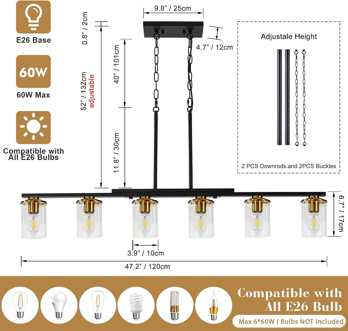 Lámpara araña cocina 6 luces metal rústico negro