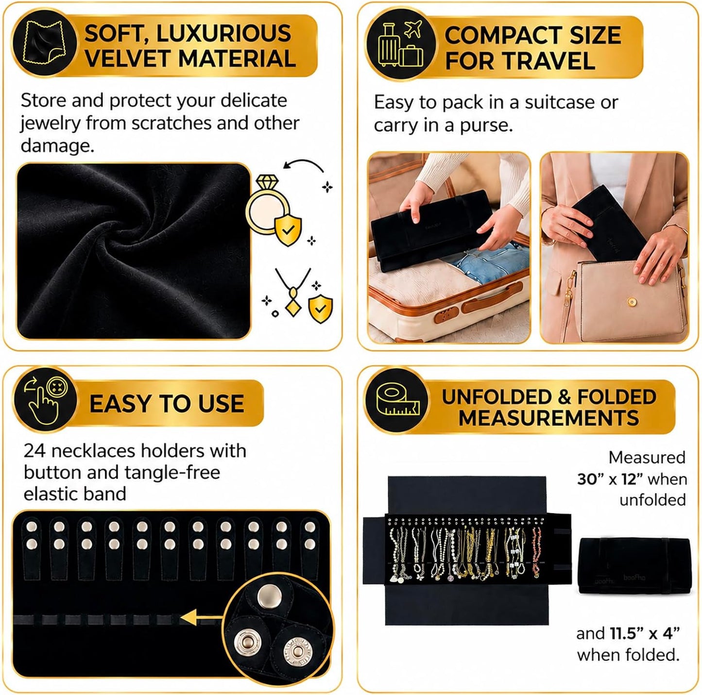 Estuche terciopelo joyas viaje con banda elástica negro