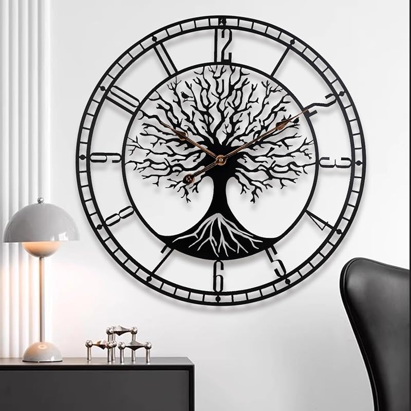 Reloj pared diseño árbol vida metal negro 24pulg