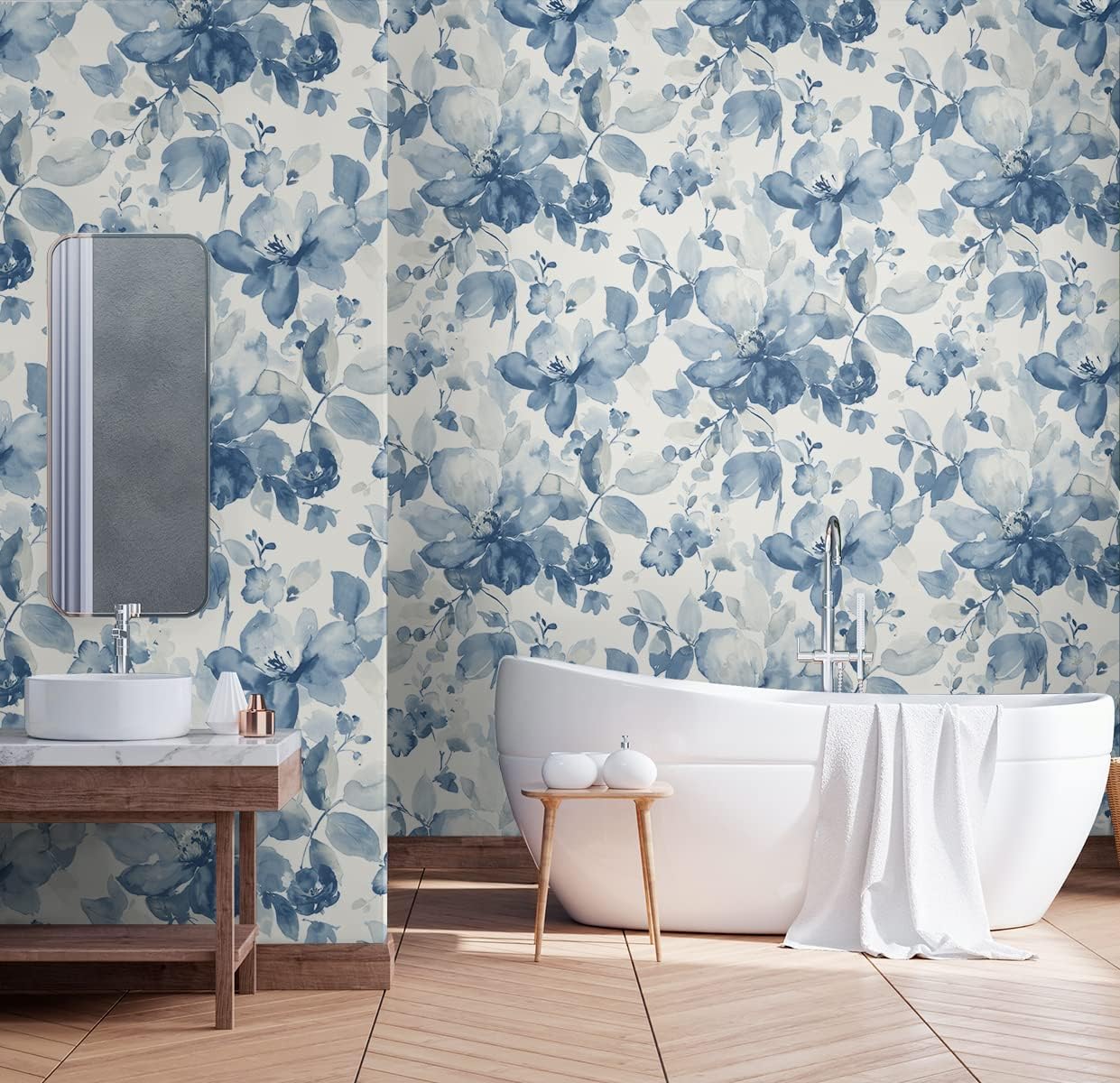 Papel pintado flores acuarela azul piedra