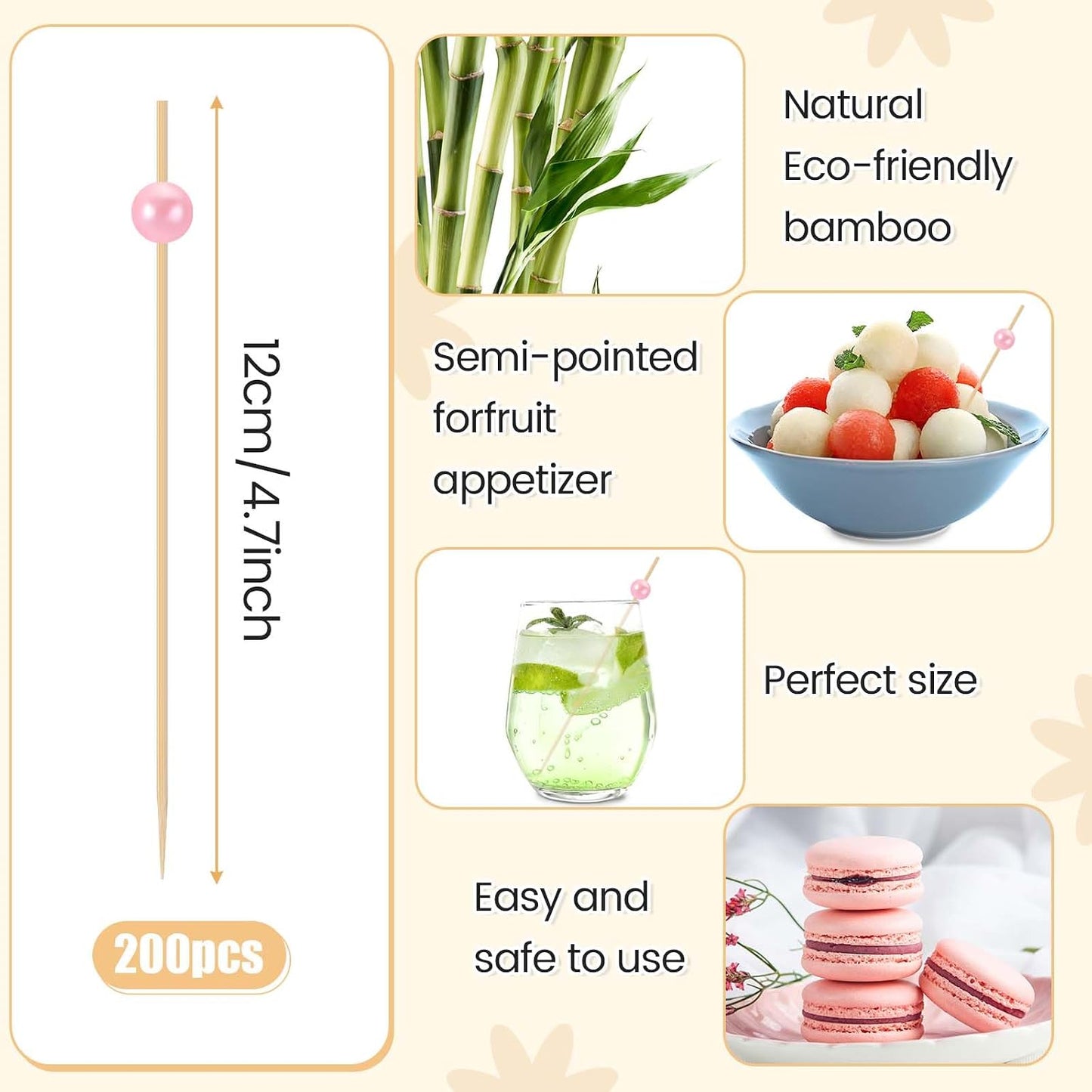 200 Palillos Bambú para Cóctel Aperitivos Frutas Bodas