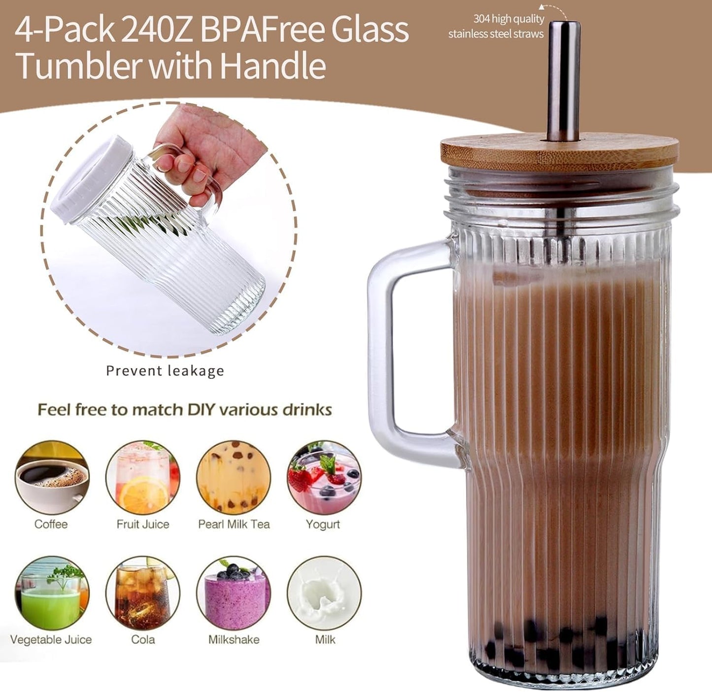 Vasos vidrio acanalados con tapa popote bambú 24oz