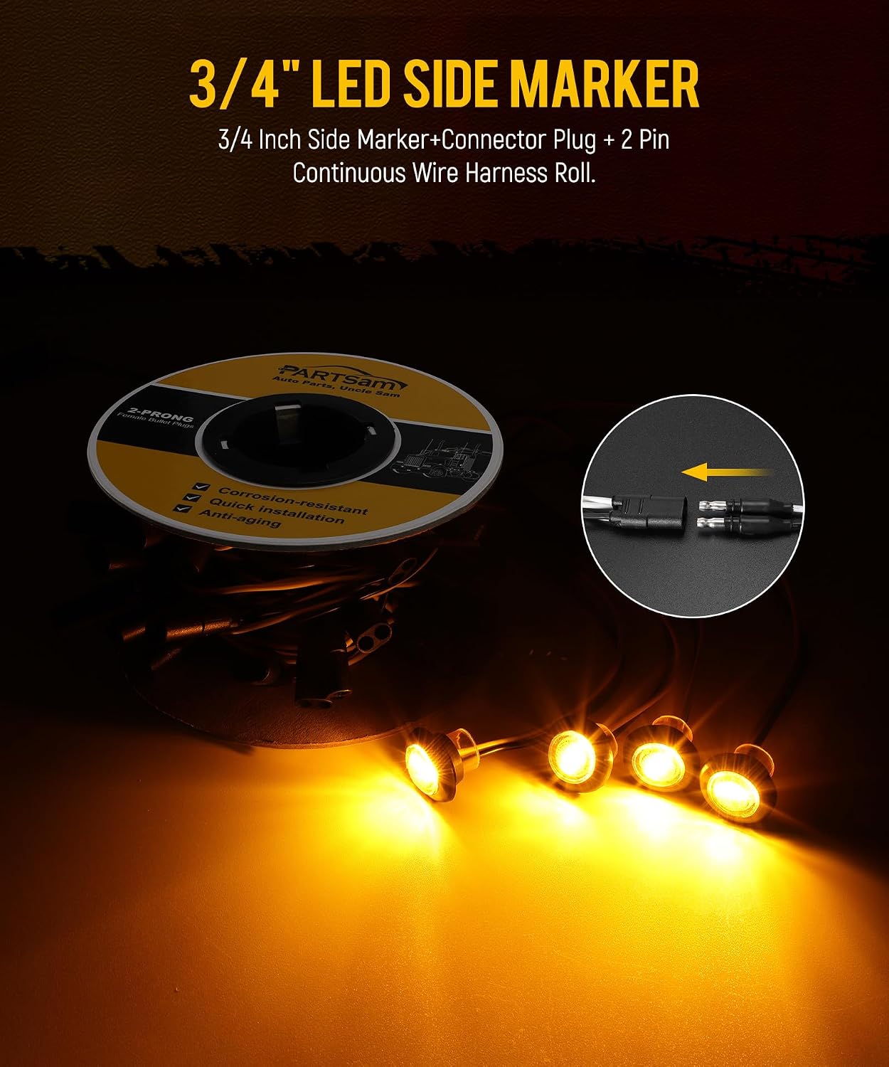 20 Pzas Luces Marcador Lateral Ámbar 3/4 Conector 2 Pines