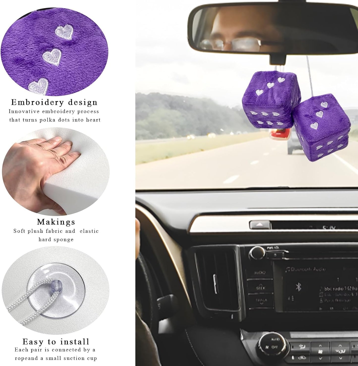 2 Pzas Dados Felpa para Espejo Retrovisor 3pulg Corazón