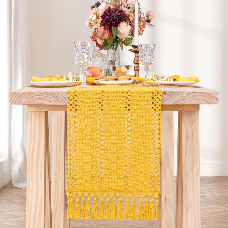 Mesa macramé 12x60pulg bohemio borlas algodón lino amarillo