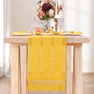 Mesa macramé 12x60pulg bohemio borlas algodón lino amarillo