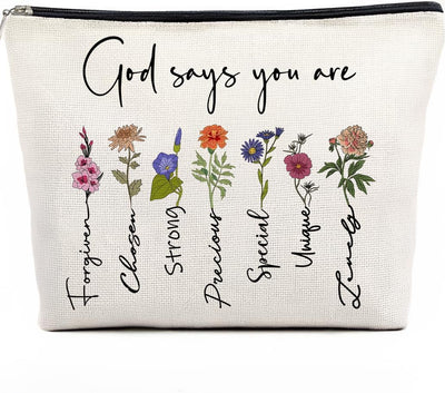 Bolsa maquillaje cristiana con versículos florales beige