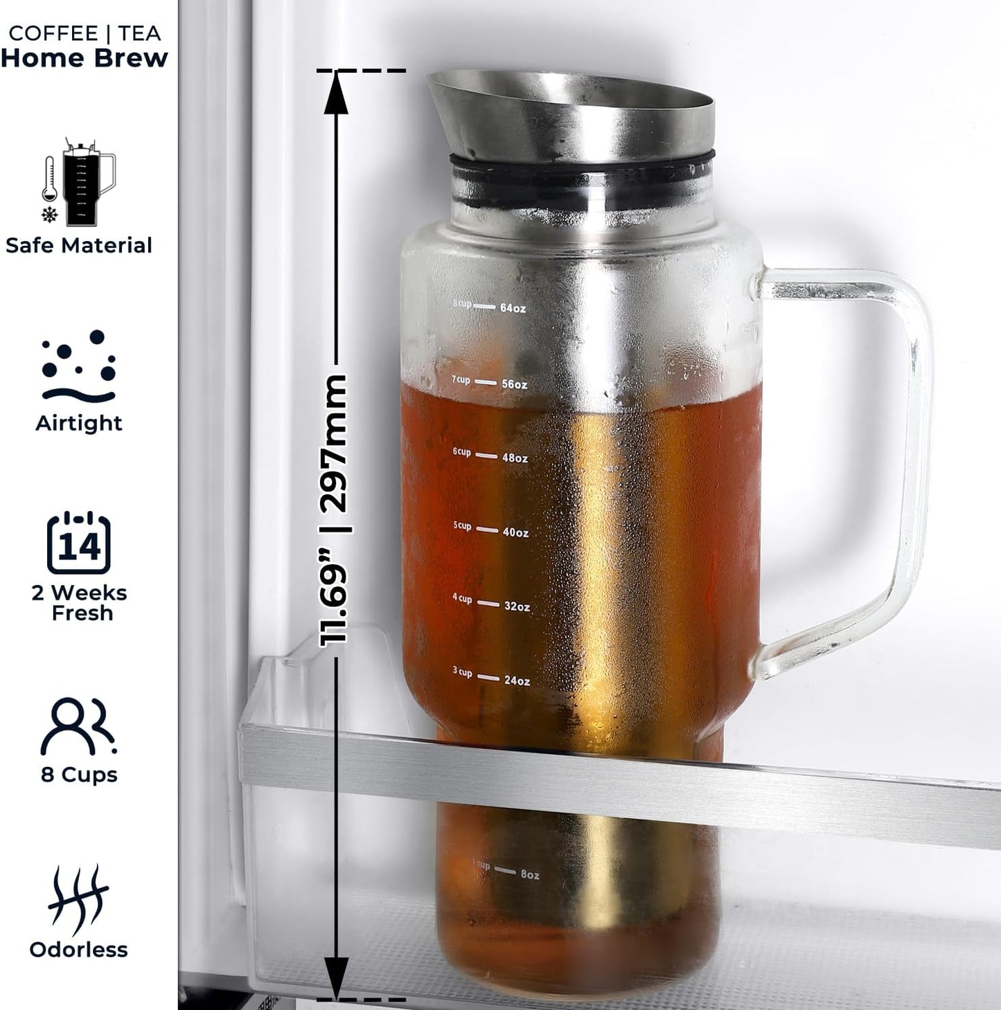 Cafetera frío 68oz vidrio acero inox con tapa hermética