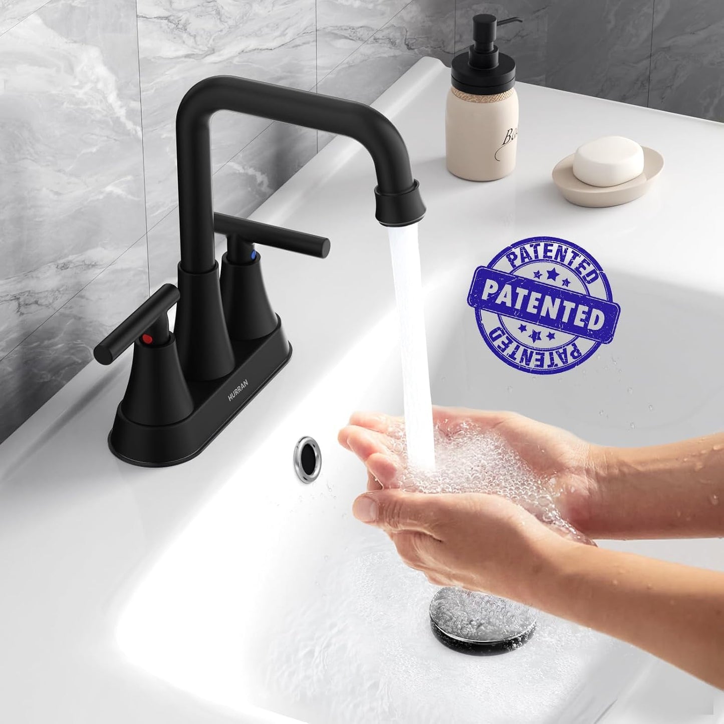 Grifo baño negro mate 4pulg 3 agujeros boquilla giratoria