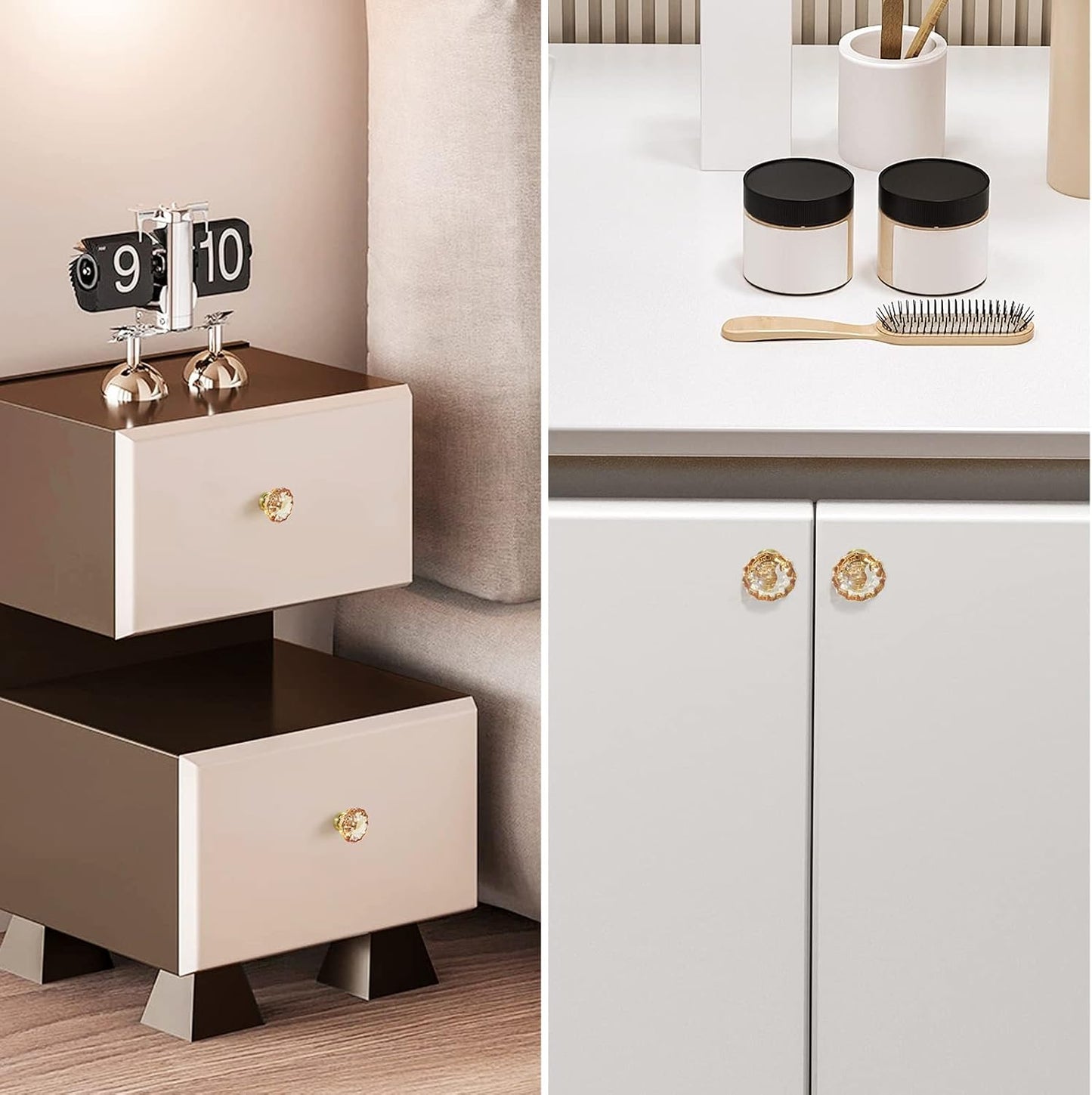 Pomos vidrio cajones tocador pack 8 base latón satinado/oro