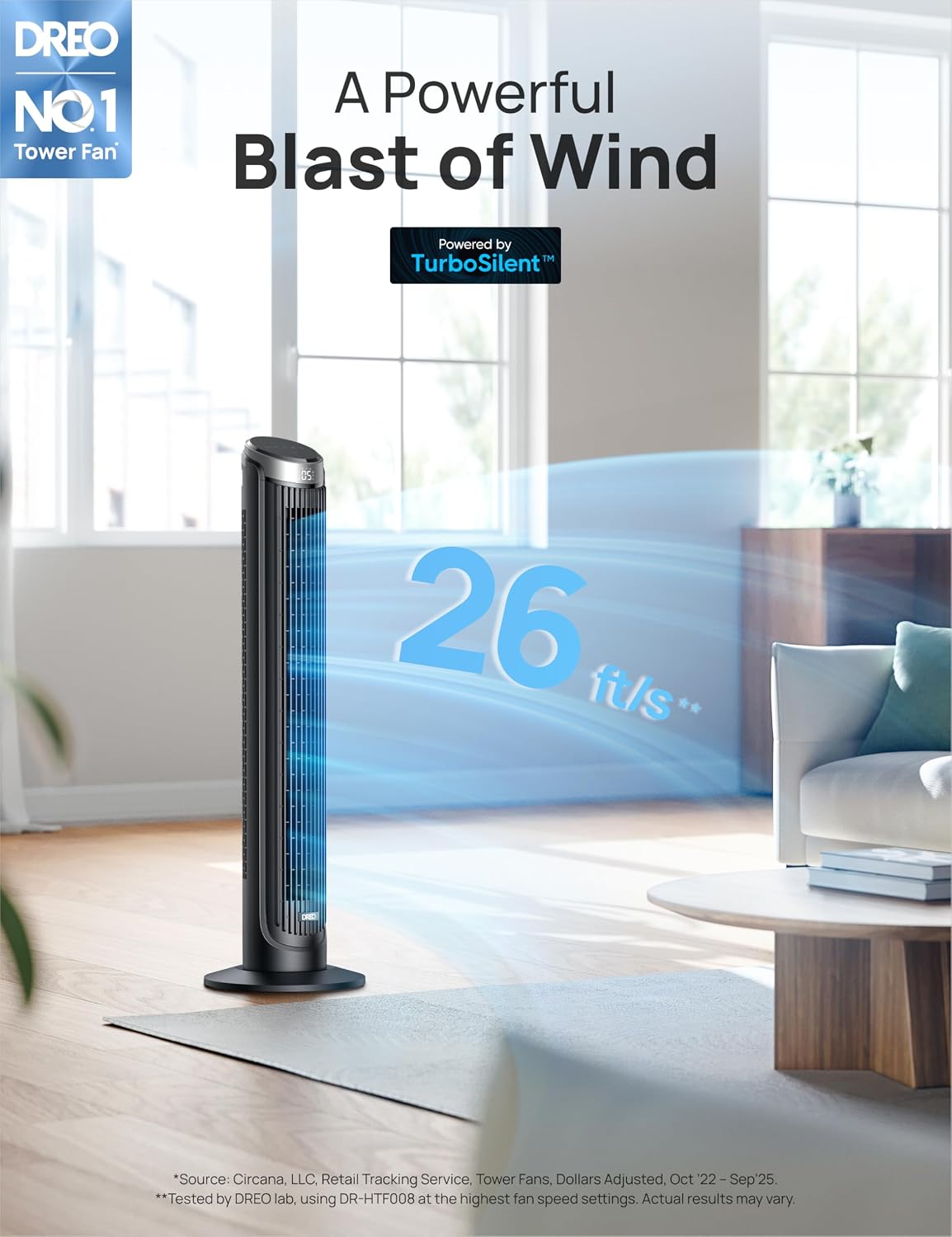 Ventilador torre dormitorio 5 velocidades 28dB 26pies/s