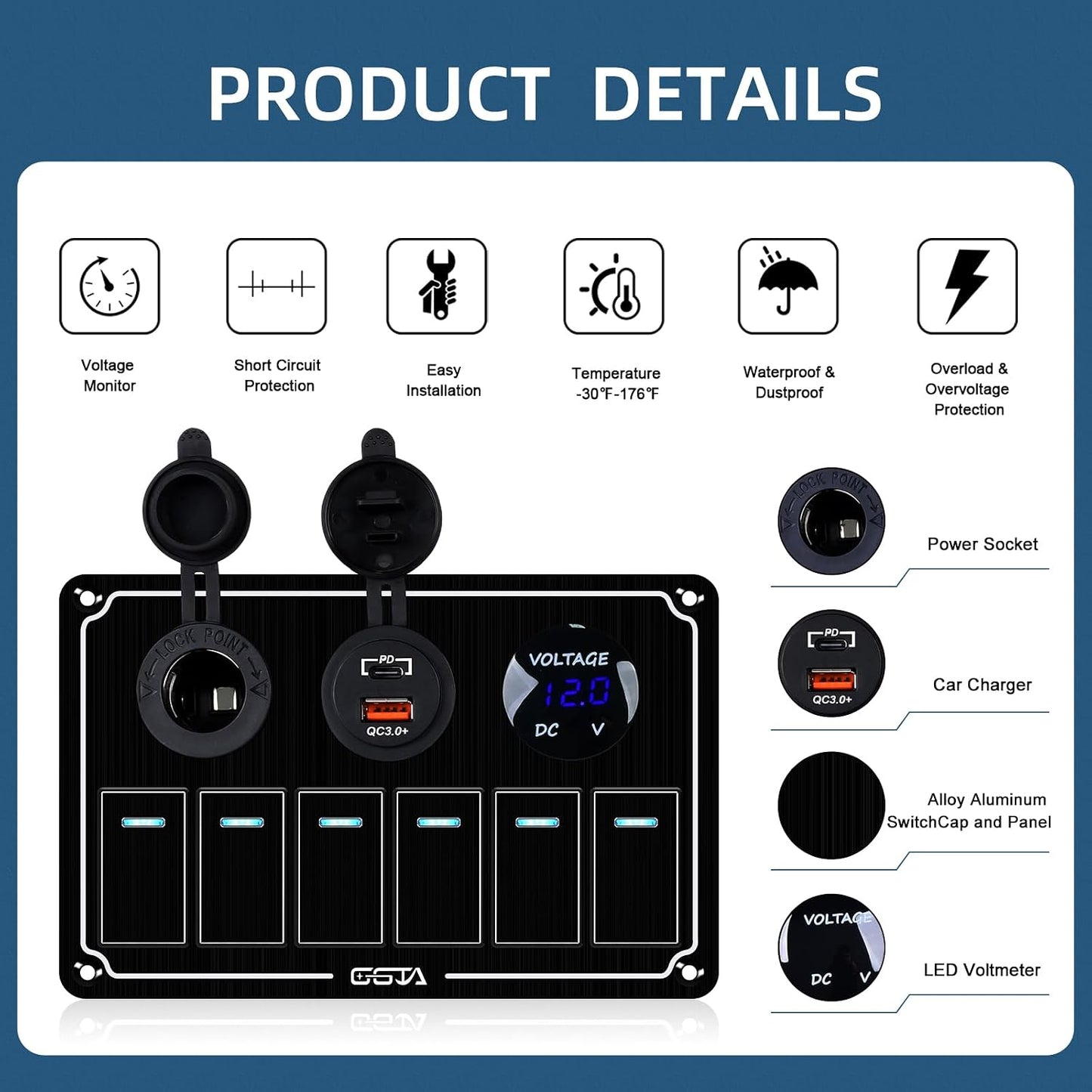 Panel interruptor marino 6 bandas 12/24V con cargador