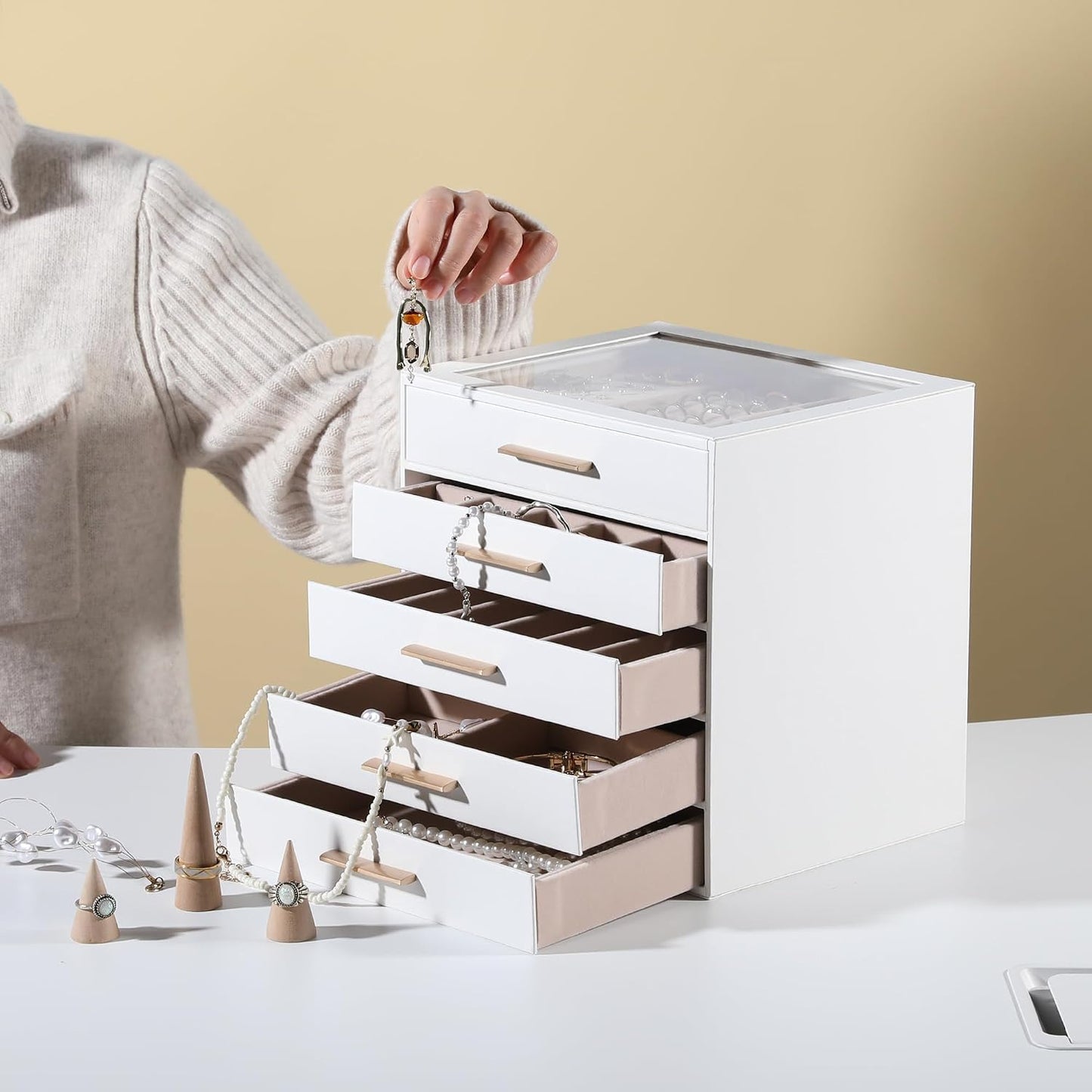Caja joyas cuero PU 5 capas con cajón y tapa transparente