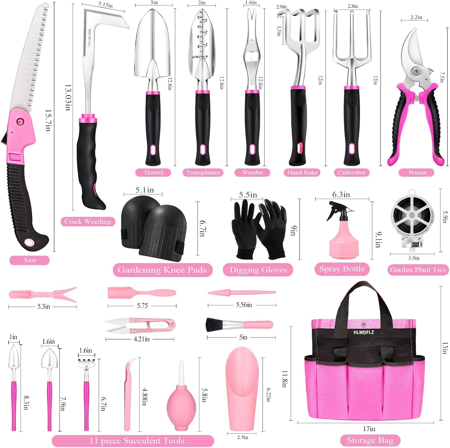 Set 24 Pzas Herramientas Jardín Rosa con Bolsa