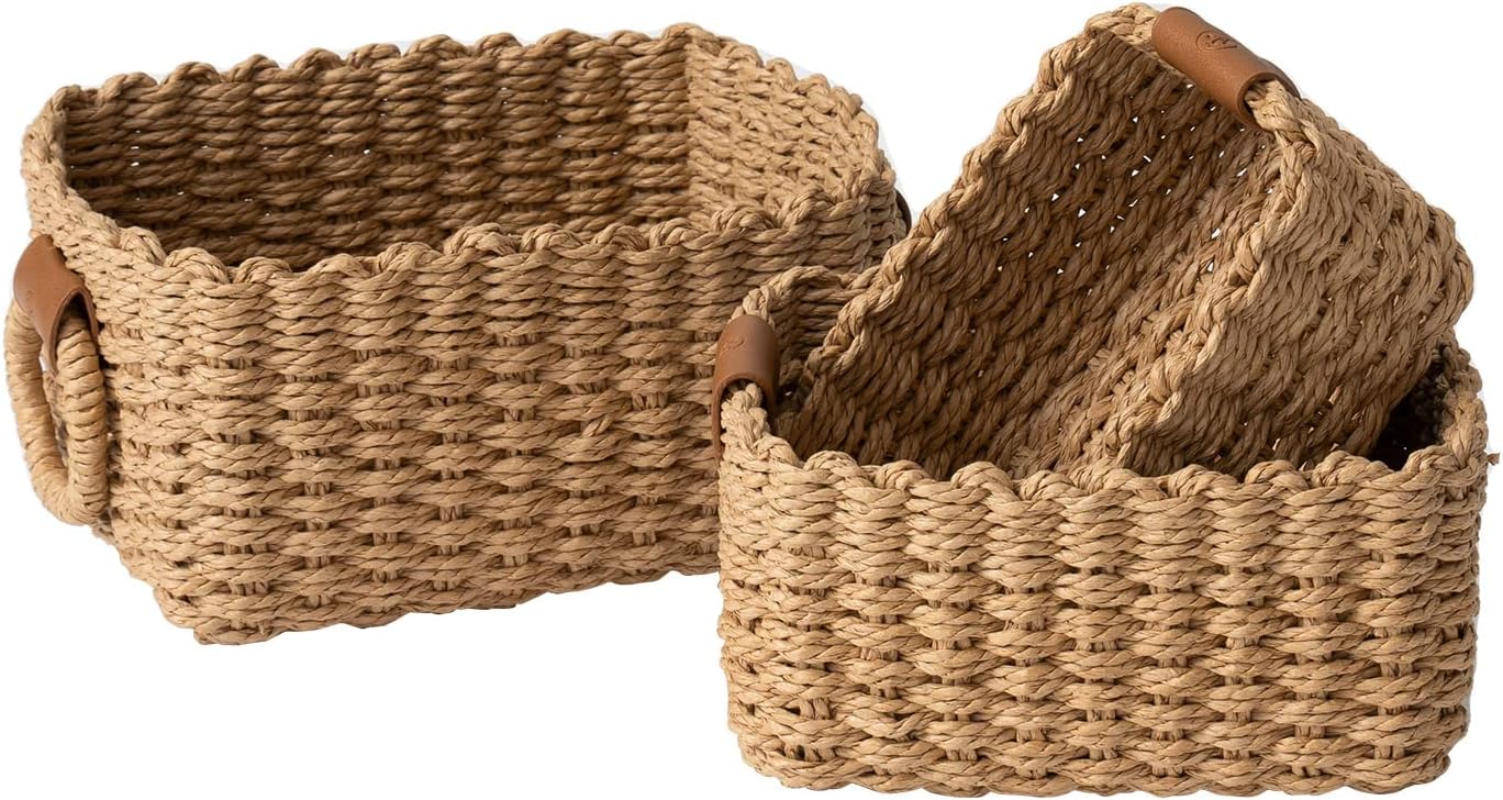3 Cestas Cuadradas Mimbre Decorativas para Estantería