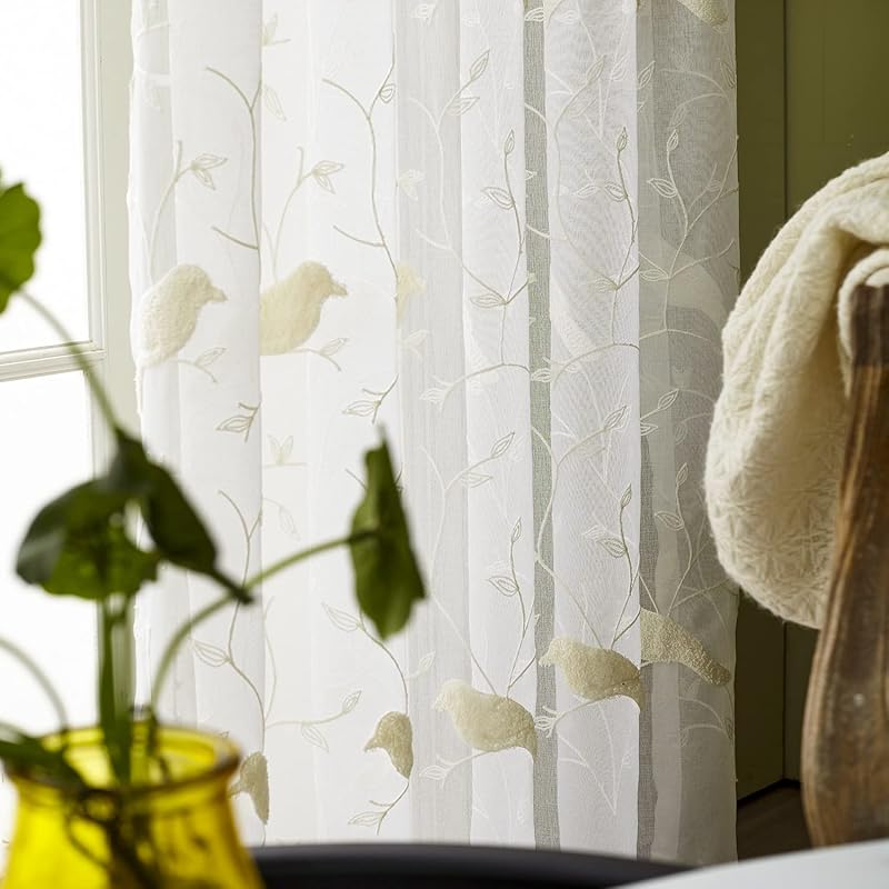 Cortina transparente bordado pájaros blancos 84pulg 2 paneles