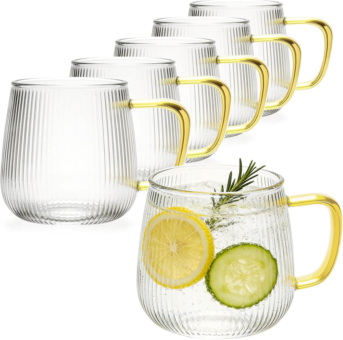 Juego de 6 vasos acanalados de vidrio borosilicato con asa para café, té, jugos y bebidas calientes