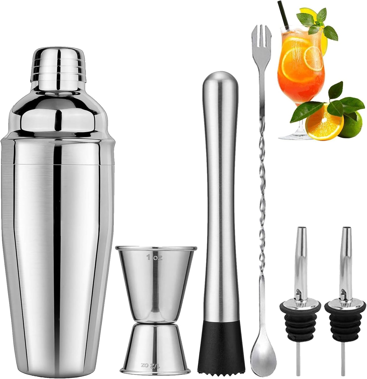 Set 6 Pzas Coctelera Acero Inox 24oz con Jigger y Colador