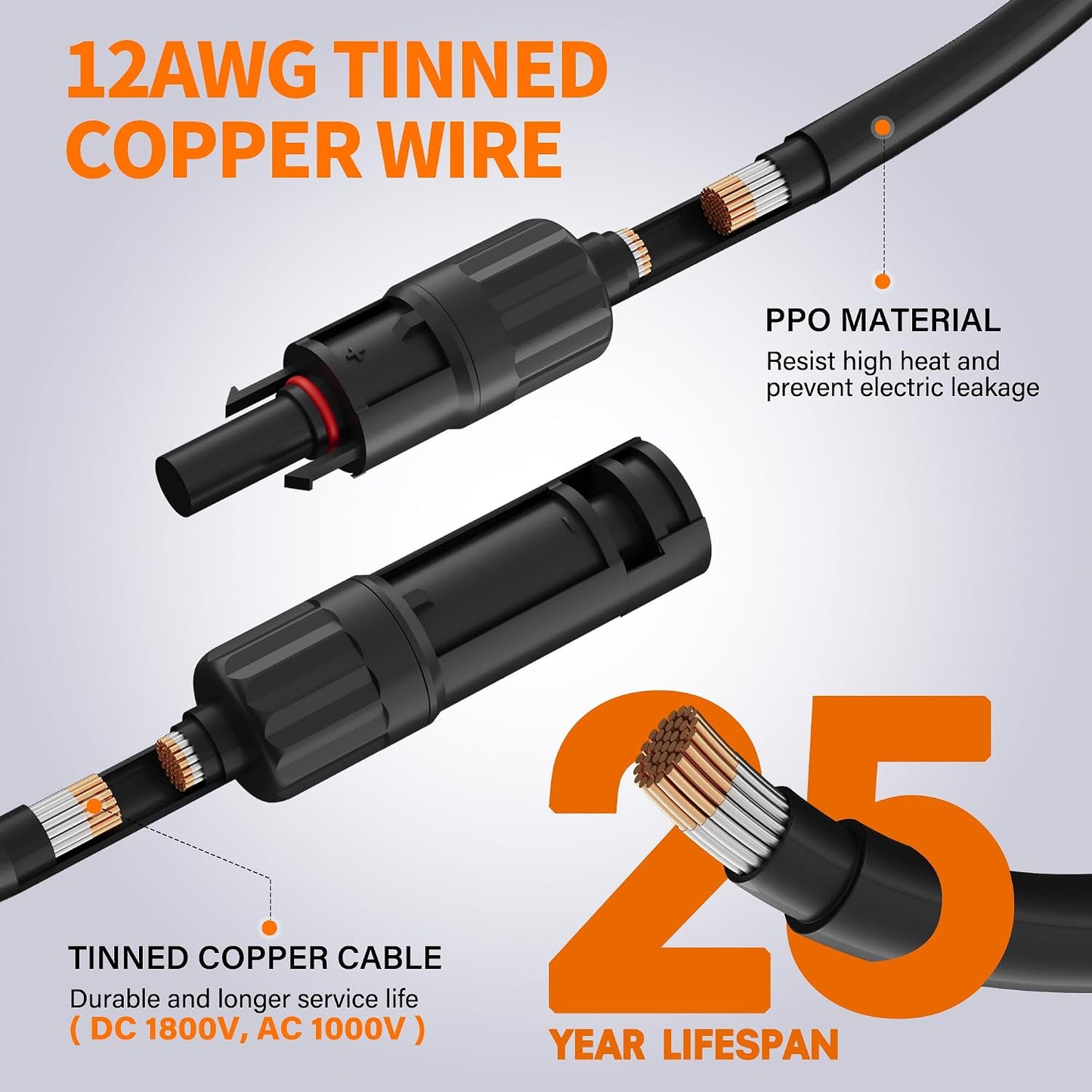 Cable extensión solar 12 AWG 20ft cobre estañado
